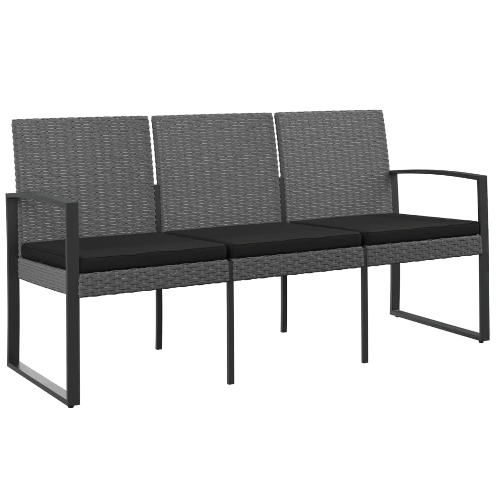 3-Seater Garden Bench with Cushions Dark Grey PP Rattan - Newstart Furniture