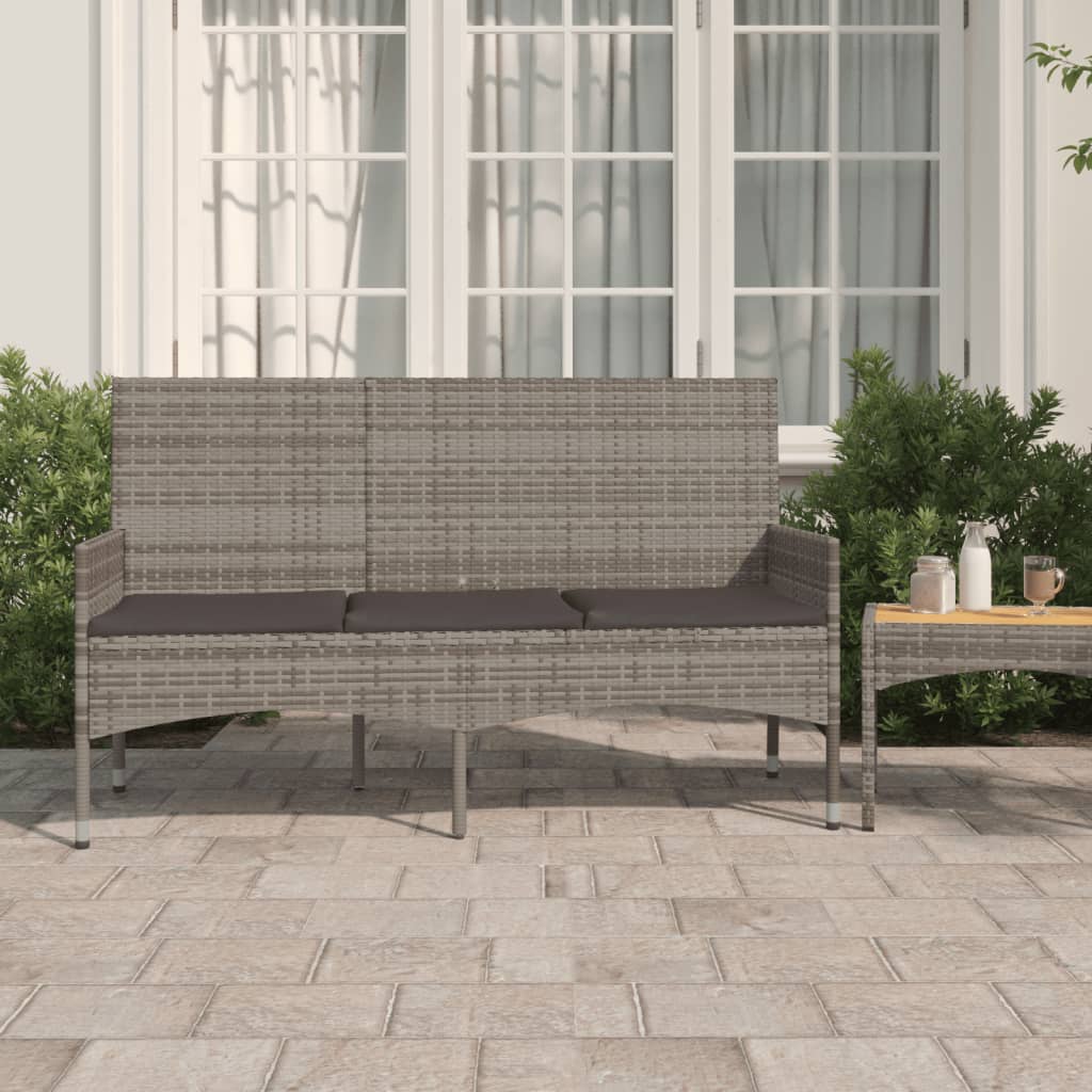 3-Seater Garden Bench with Cushions Grey Poly Rattan - Newstart Furniture