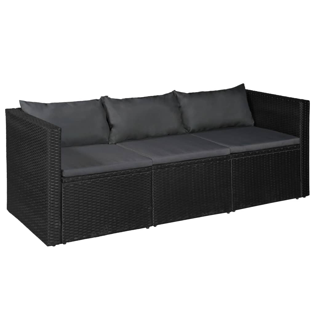 3 Seater Garden Sofa Black Poly Rattan with Grey Cushions - Newstart Furniture