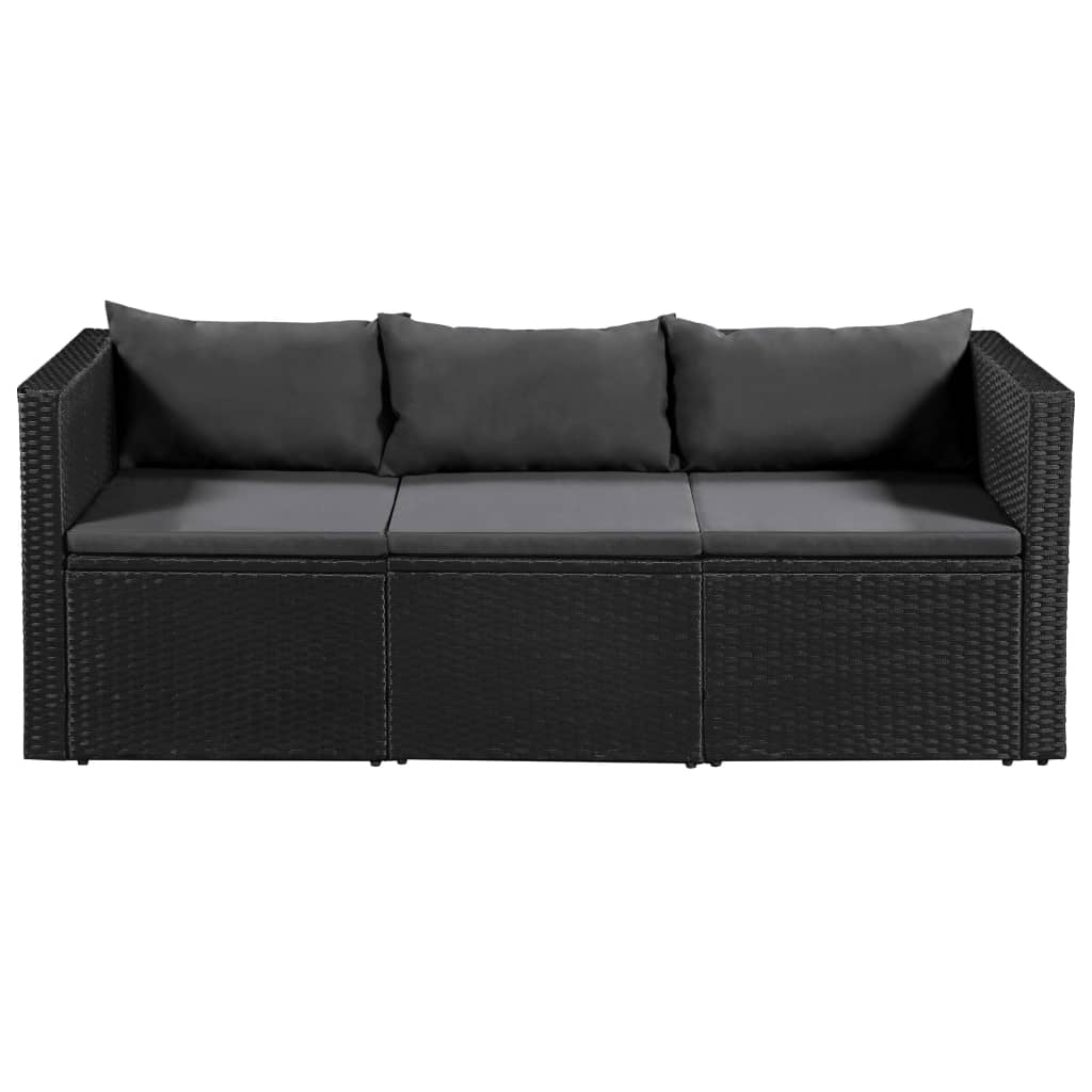 3 Seater Garden Sofa Black Poly Rattan with Grey Cushions - Newstart Furniture