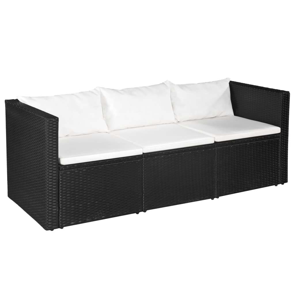 3 Seater Garden Sofa Black Poly Rattan with White Cushions - Newstart Furniture