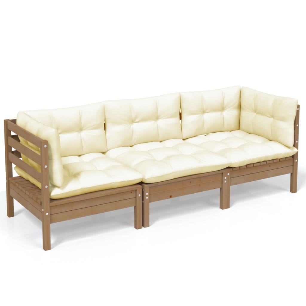 3-Seater Garden Sofa with Cream Cushions Solid Pinewood - Newstart Furniture