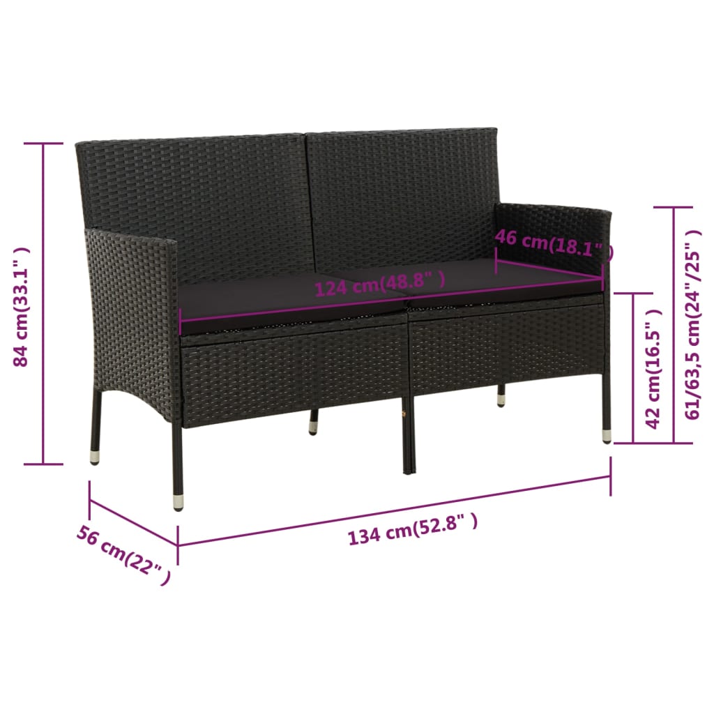 3-Seater Garden Sofa with Cushion Black Poly Rattan - Newstart Furniture