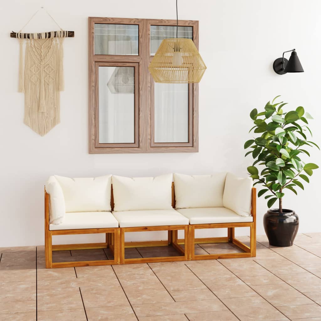 3-Seater Garden Sofa with Cushion Cream Solid Acacia Wood - Newstart Furniture
