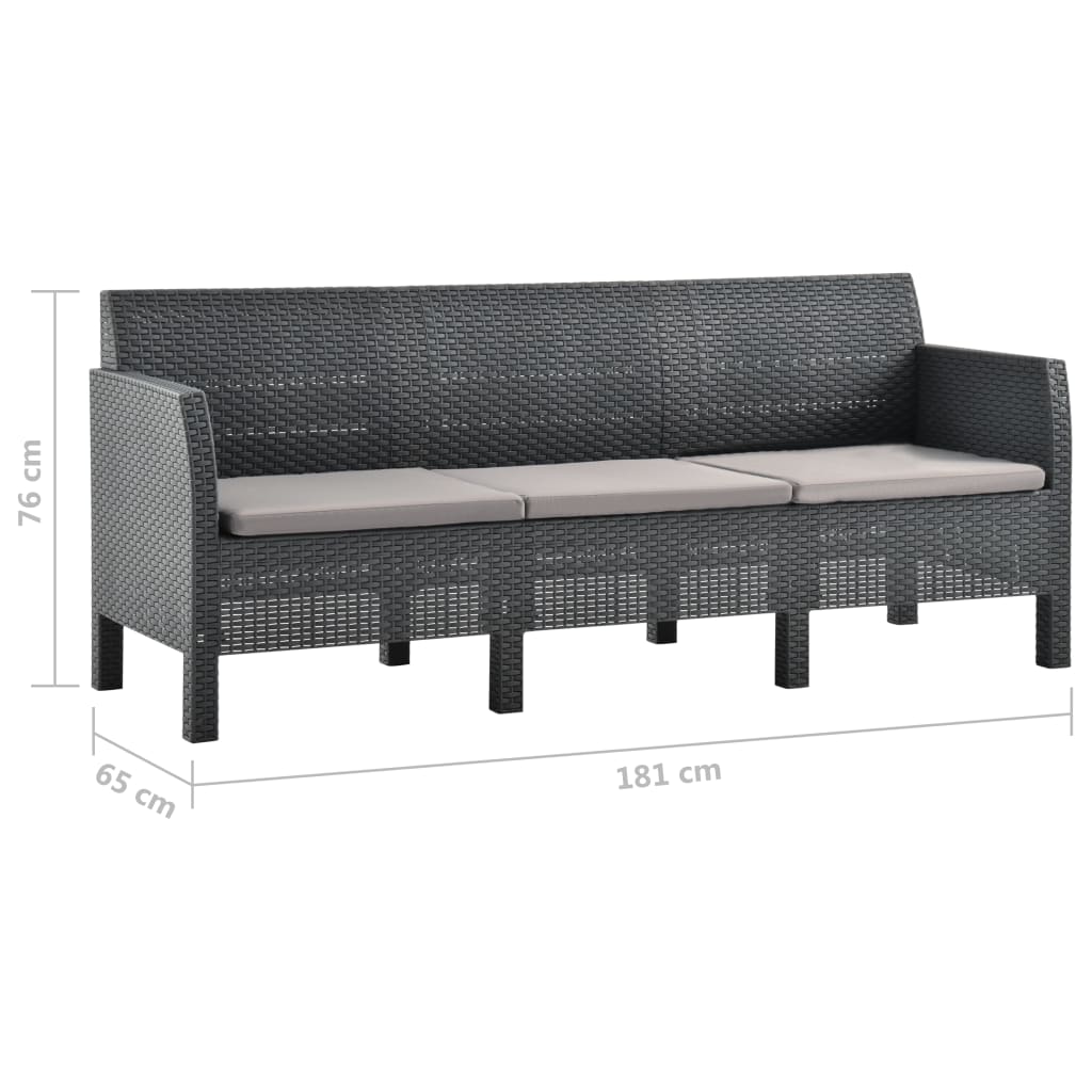 3-Seater Garden Sofa with Cushions Anthracite PP Rattan - Newstart Furniture