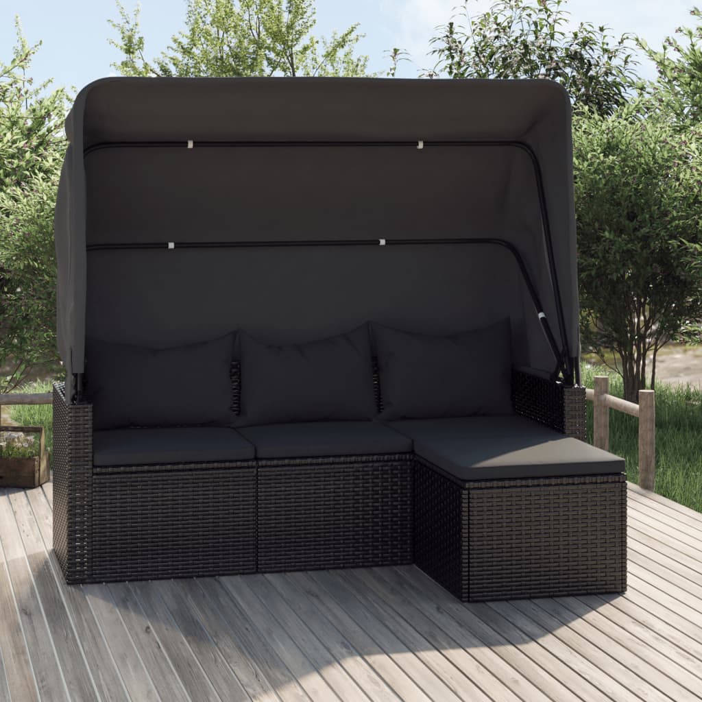 3-Seater Garden Sofa with Roof and Footstool Black Poly Rattan - Newstart Furniture