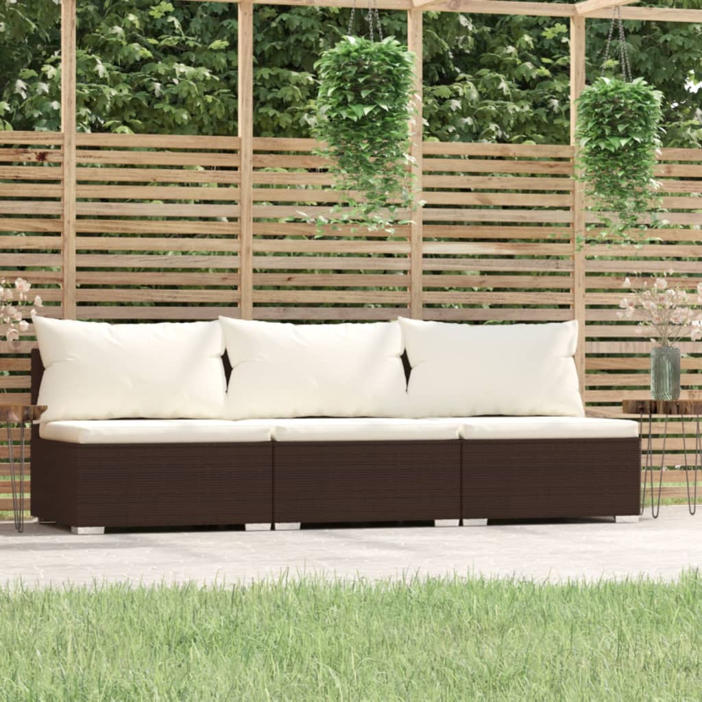 3-Seater Sofa with Cushions Brown Poly Rattan - Newstart Furniture