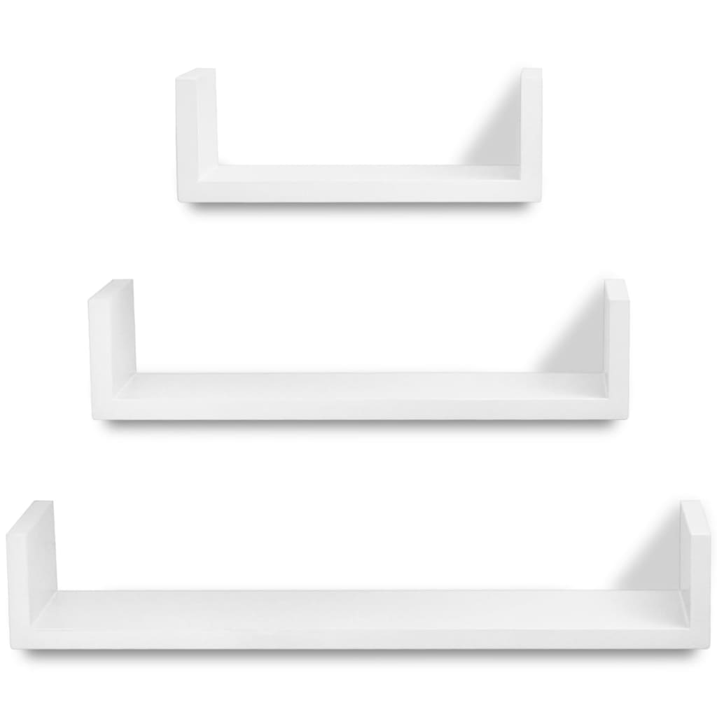 3 White MDF U-shaped Floating Wall Display Shelves Book/DVD Storage - Newstart Furniture