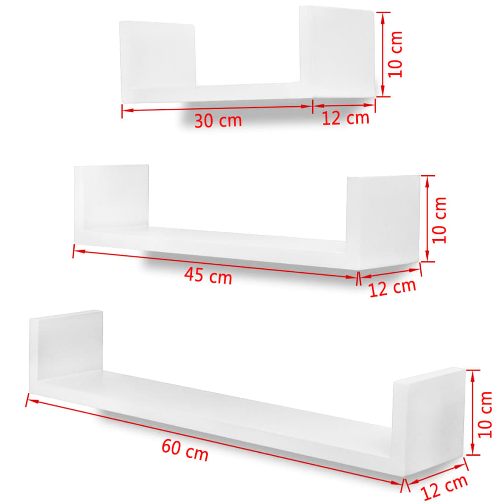 3 White MDF U-shaped Floating Wall Display Shelves Book/DVD Storage - Newstart Furniture