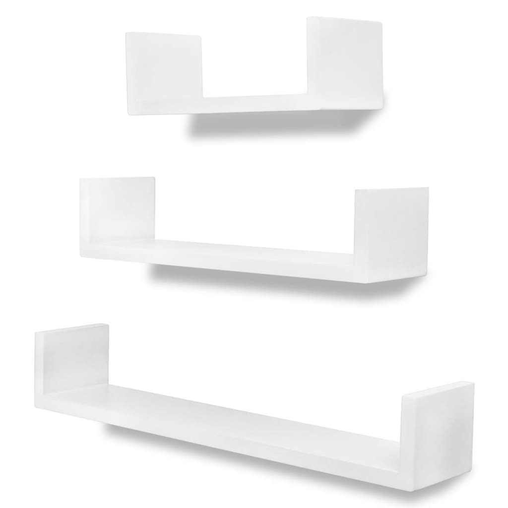 3 White MDF U-shaped Floating Wall Display Shelves Book/DVD Storage - Newstart Furniture