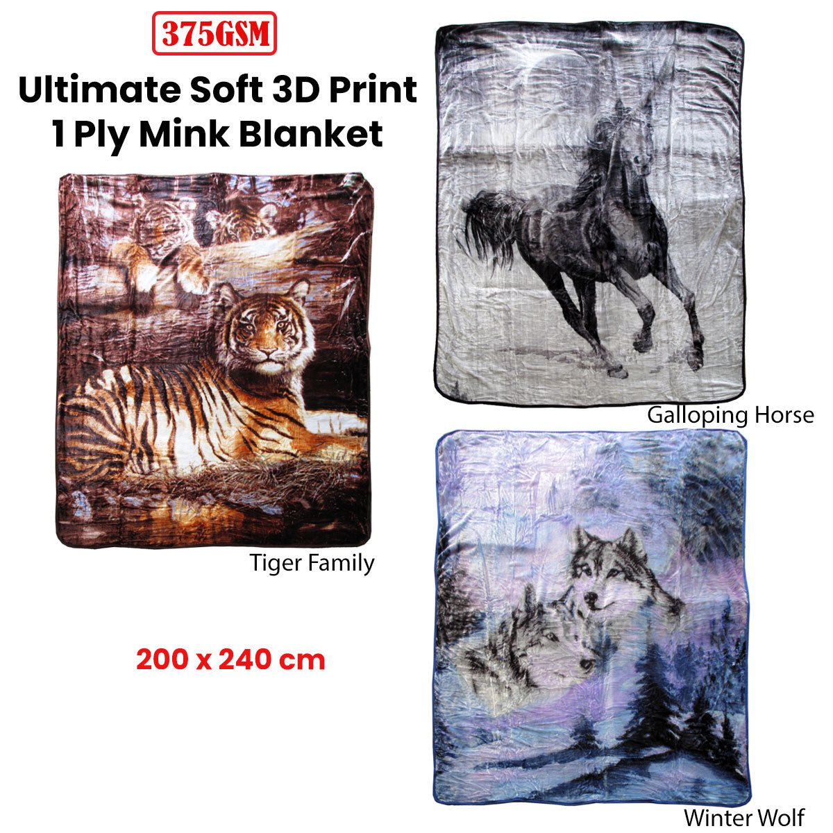 375gsm 1 Ply 3D Print Faux Mink Blanket Queen 200x240 cm Winter Wolf - Newstart Furniture