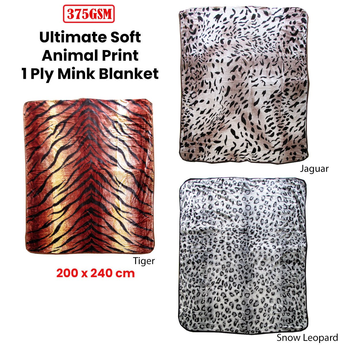 375gsm 1 Ply Animal Print Faux Mink Blanket Queen 200x240 cm Jaguar - Newstart Furniture