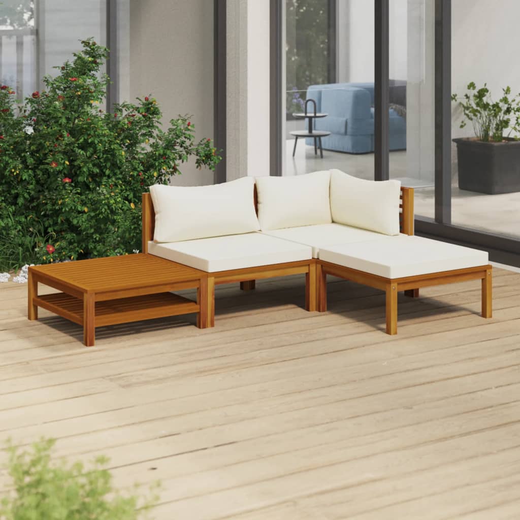 4 Piece Garden Lounge Set with Cream Cushion Solid Acacia Wood - Newstart Furniture