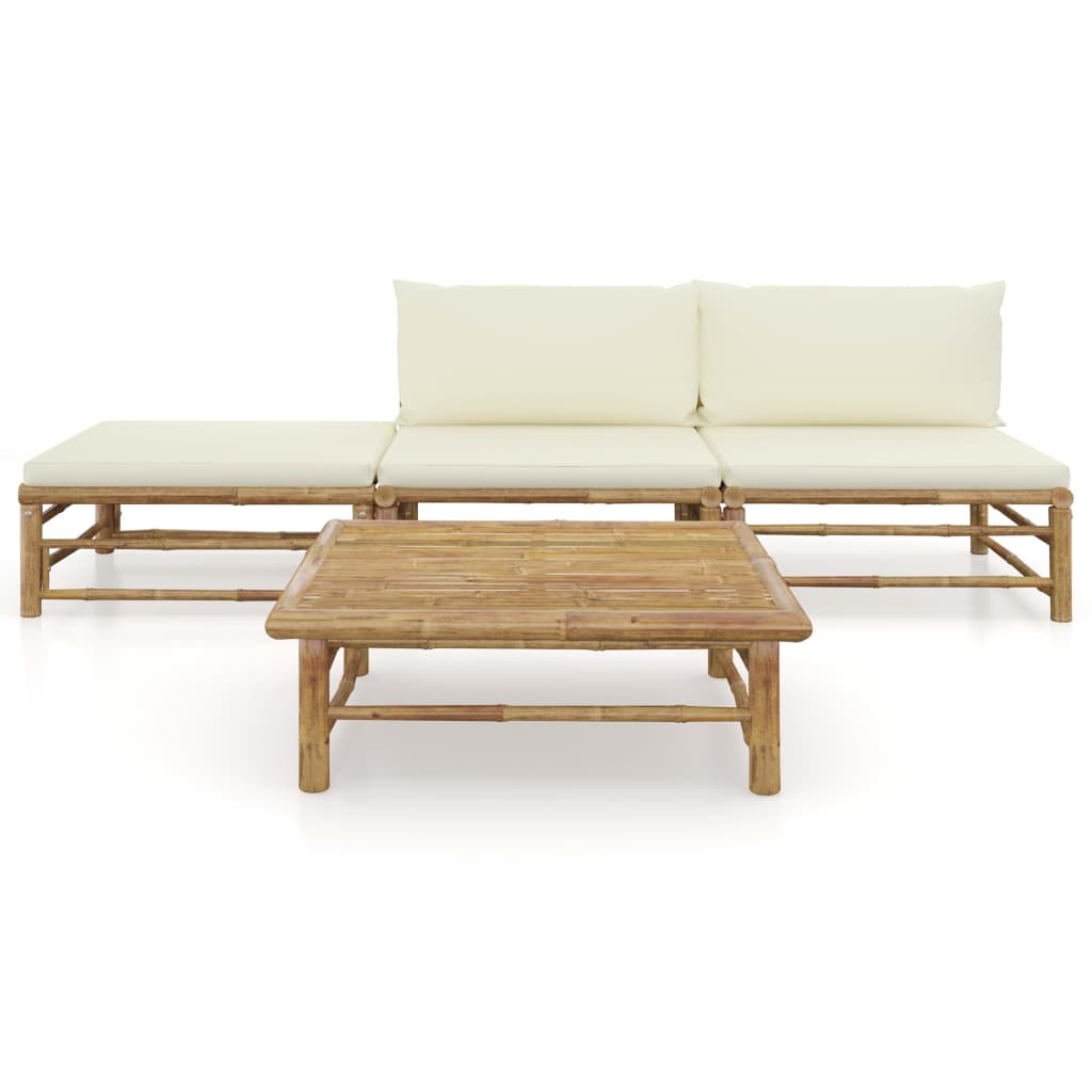 4 Piece Garden Lounge Set with Cream White Cushions Bamboo - Newstart Furniture