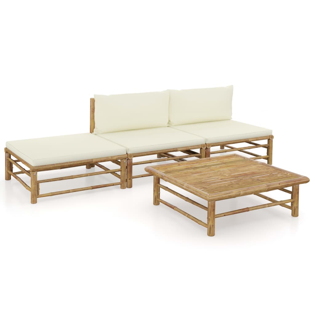 4 Piece Garden Lounge Set with Cream White Cushions Bamboo - Newstart Furniture