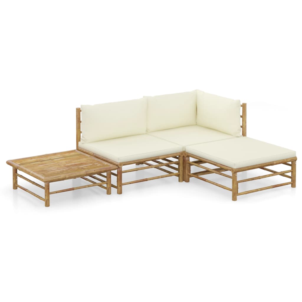 4 Piece Garden Lounge Set with Cream White Cushions Bamboo - Newstart Furniture