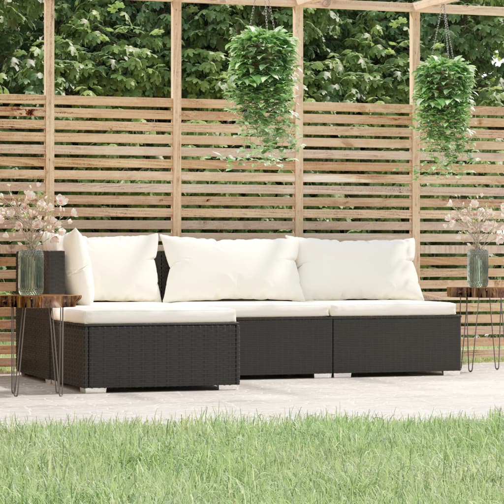 4 Piece Garden Lounge Set with Cushions Black Poly Rattan - Newstart Furniture