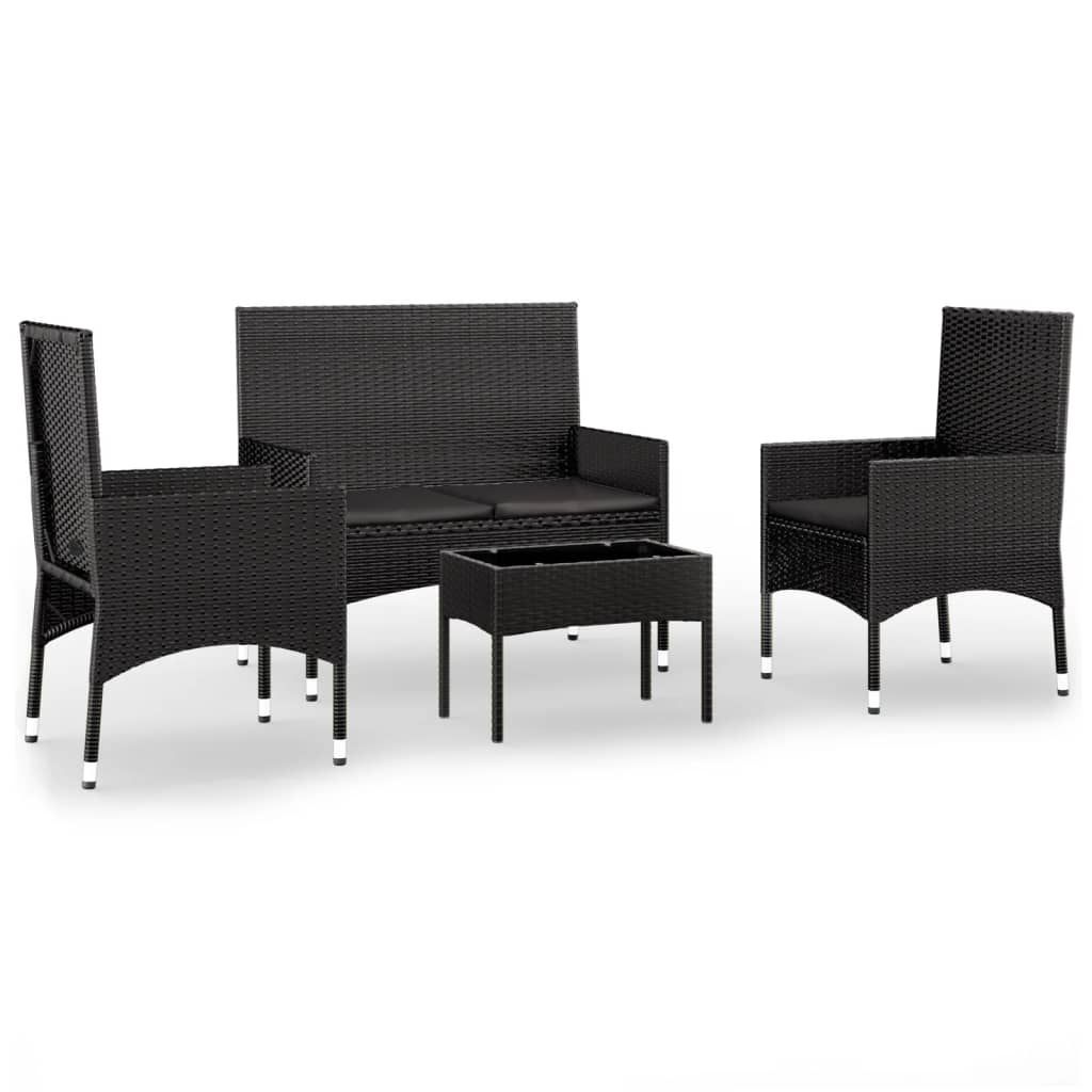 4 Piece Garden Lounge Set with Cushions Black Poly Rattan - Newstart Furniture