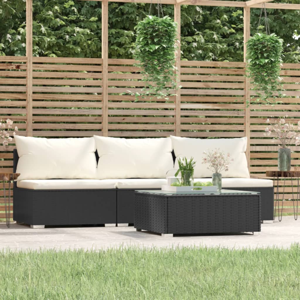 4 Piece Garden Lounge Set with Cushions Black Poly Rattan - Newstart Furniture