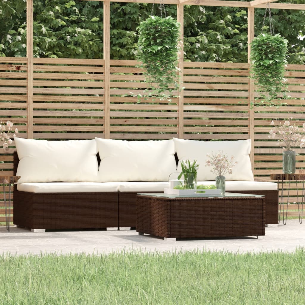 4 Piece Garden Lounge Set with Cushions Brown Poly Rattan - Newstart Furniture