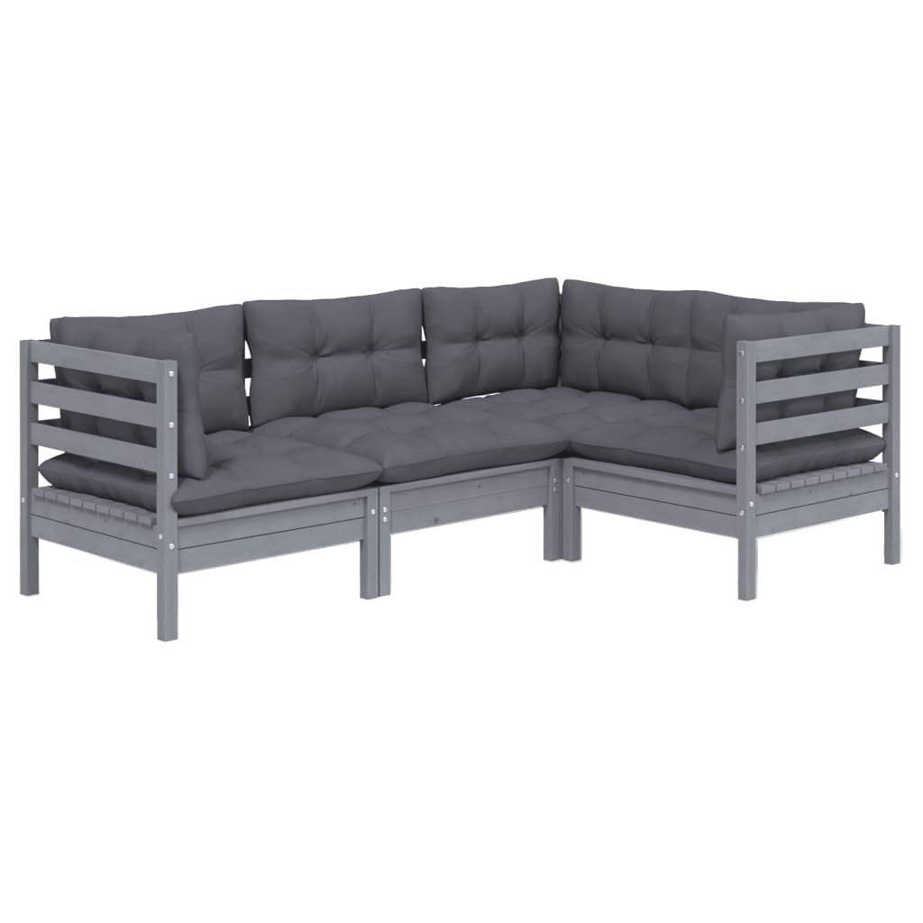 4 Piece Garden Lounge Set with Cushions Grey Pinewood - Newstart Furniture