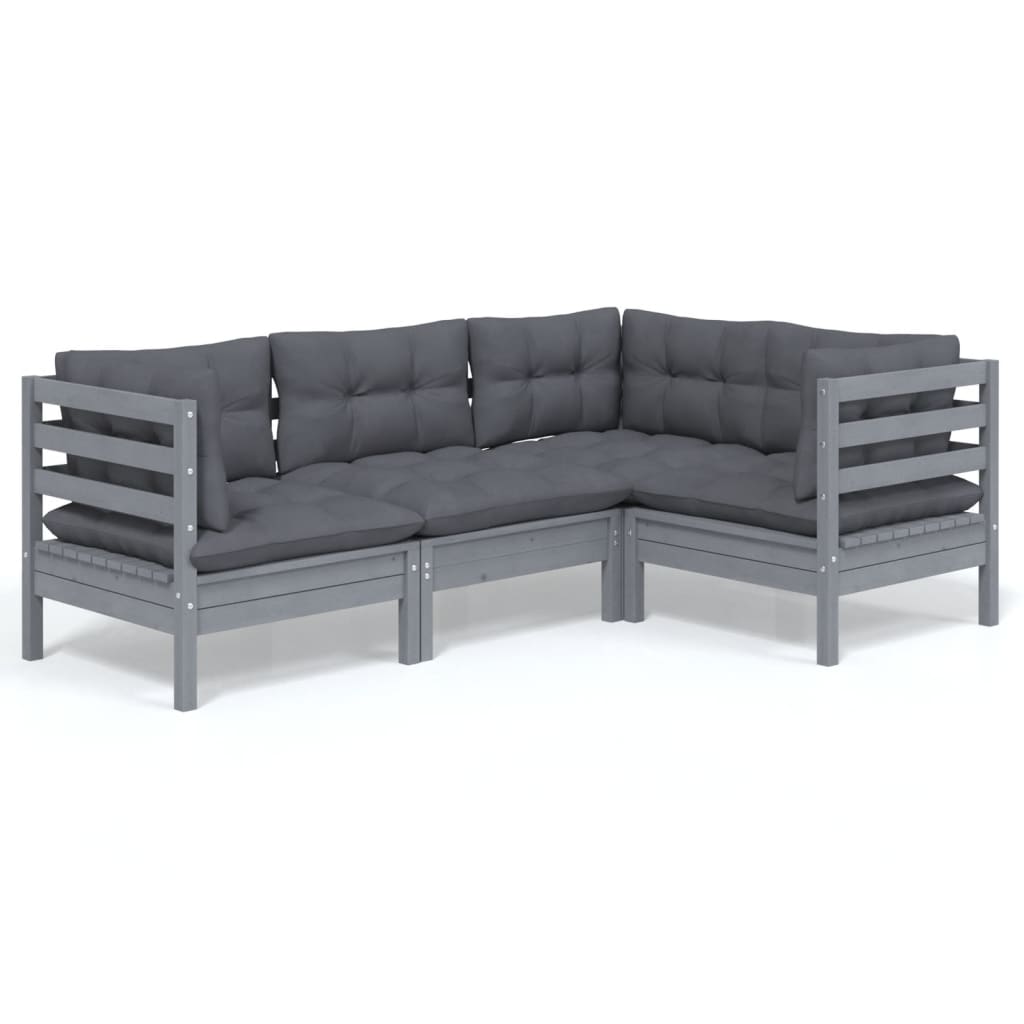 4 Piece Garden Lounge Set with Cushions Grey Pinewood - Newstart Furniture