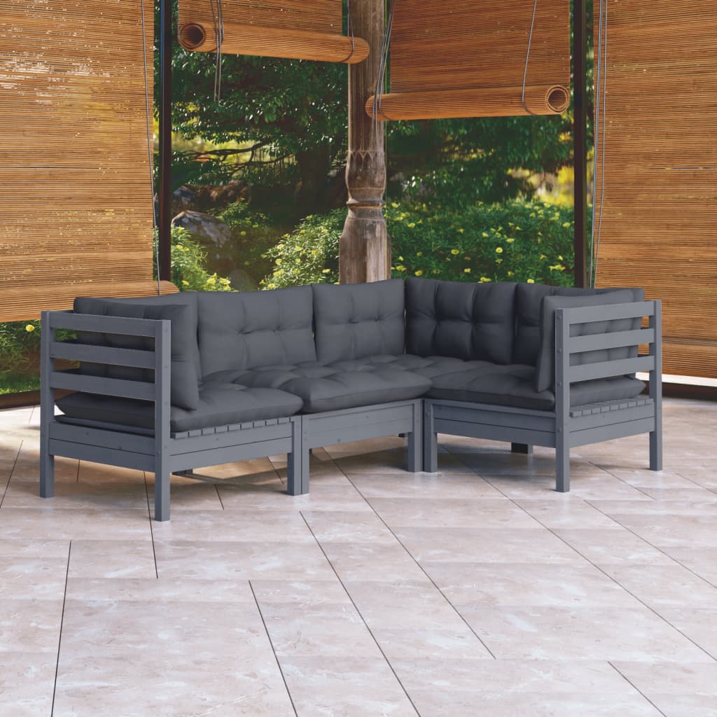 4 Piece Garden Lounge Set with Cushions Grey Pinewood - Newstart Furniture