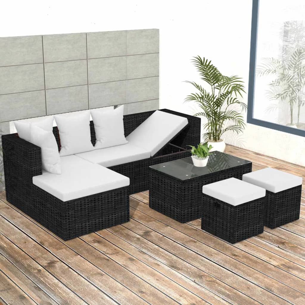 4 Piece Garden Lounge Set with Cushions Poly Rattan Black - Newstart Furniture