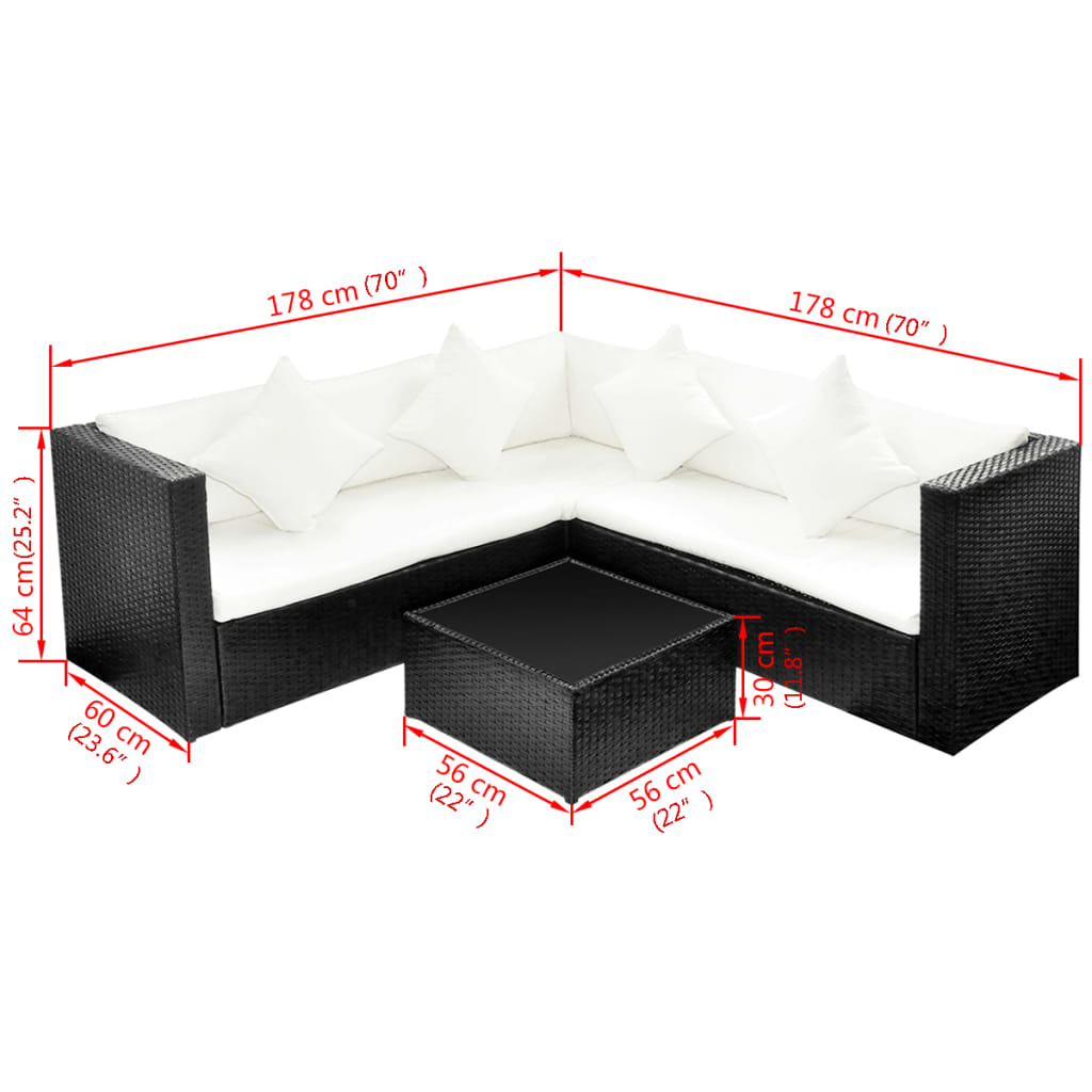 4 Piece Garden Lounge Set with Cushions Poly Rattan Black - Newstart Furniture