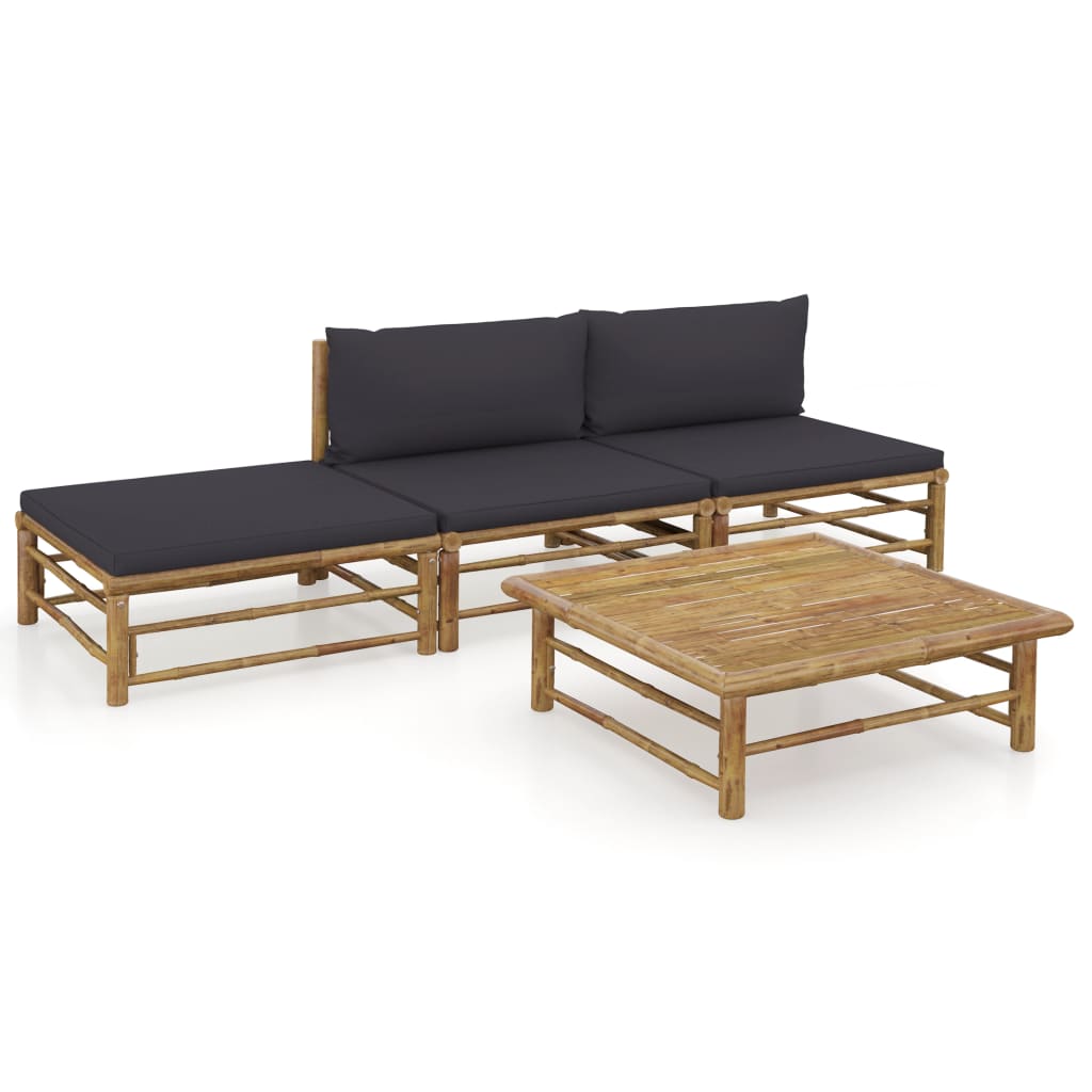 4 Piece Garden Lounge Set with Dark Grey Cushions Bamboo - Newstart Furniture