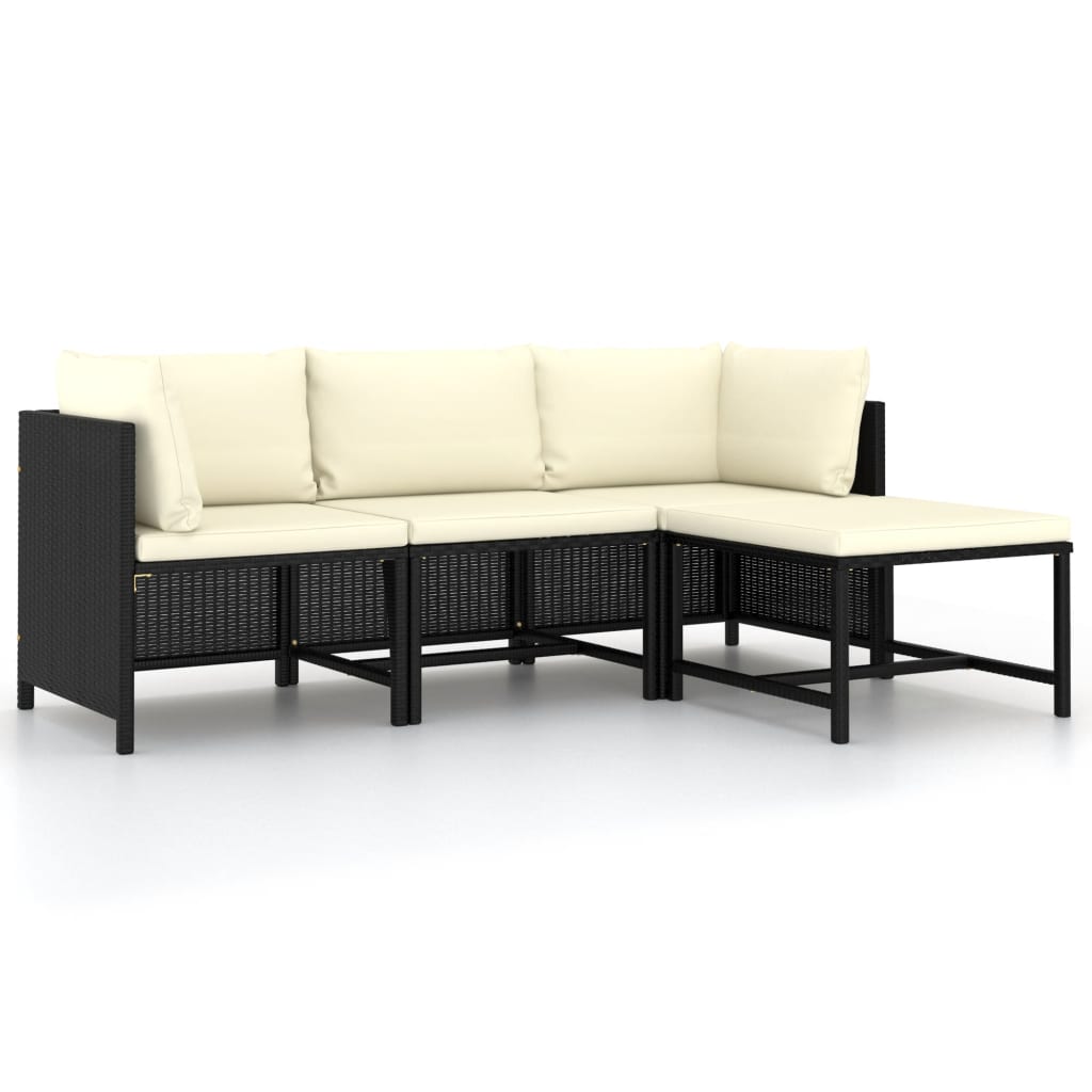 4 Piece Garden Sofa Set with Cushions Black Poly Rattan - Newstart Furniture