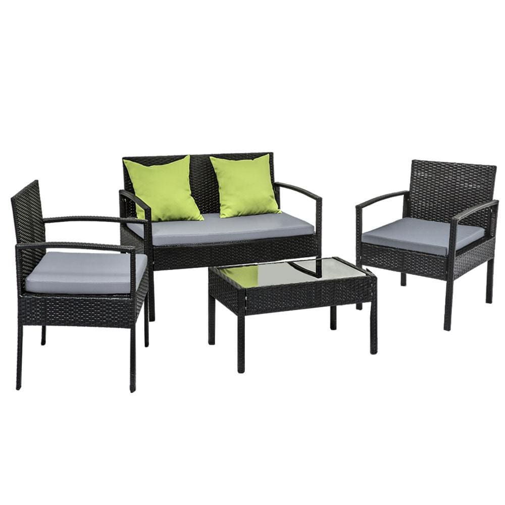 4 Seater Sofa Set Outdoor Furniture Lounge Setting Wicker Chairs Table Rattan Lounger Bistro Patio Garden Cushions Black - Newstart Furniture