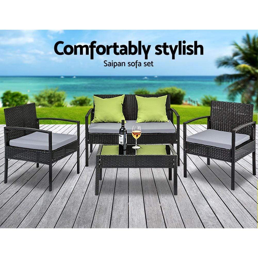 4 Seater Sofa Set Outdoor Furniture Lounge Setting Wicker Chairs Table Rattan Lounger Bistro Patio Garden Cushions Black - Newstart Furniture