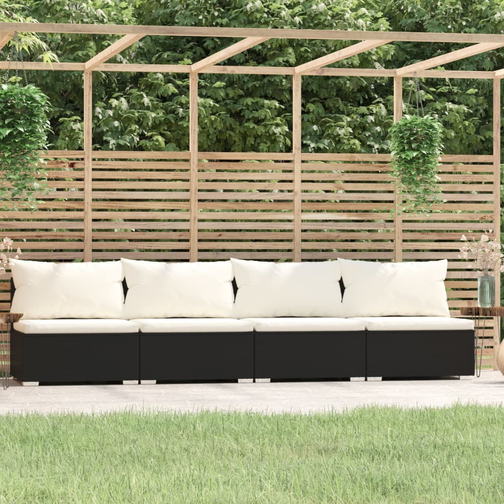 4-Seater Sofa with Cushions Black Poly Rattan - Newstart Furniture