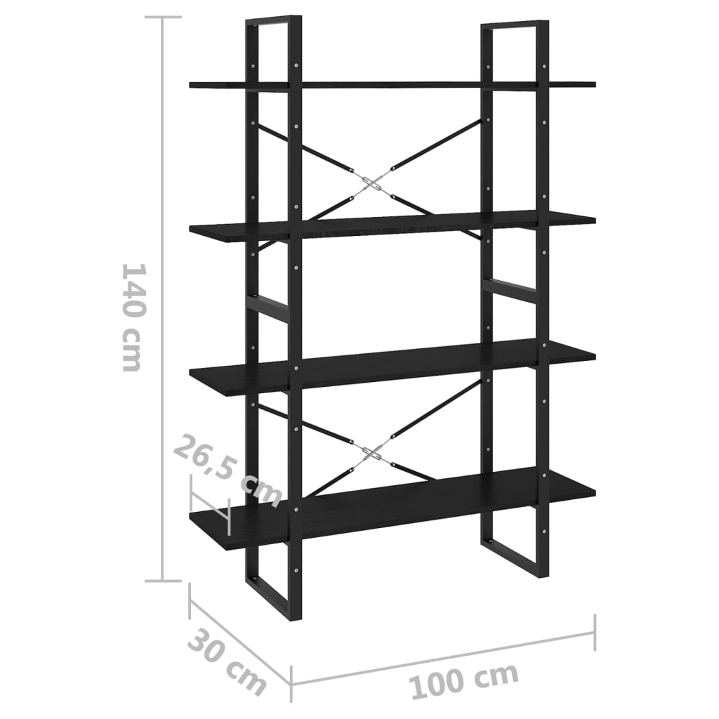 4-Tier Book Cabinet Black 100x30x140 cm Solid Pine Wood - Newstart Furniture