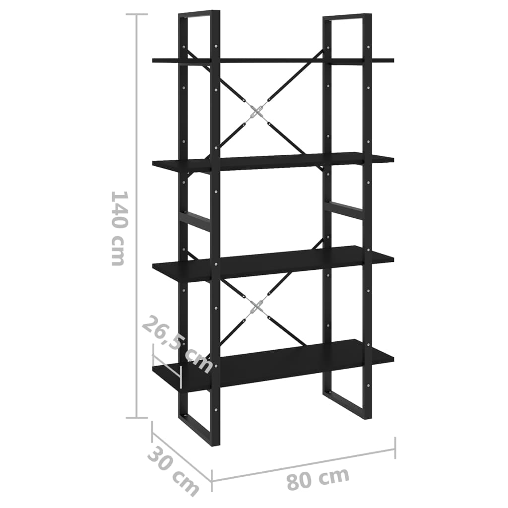 4-Tier Book Cabinet Black 80x30x140 cm Engineered Wood - Newstart Furniture