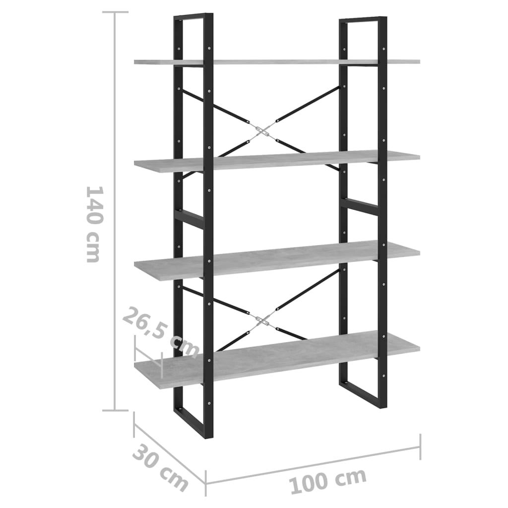 4-Tier Book Cabinet Concrete Grey 100x30x140 cm Engineered Wood - Newstart Furniture