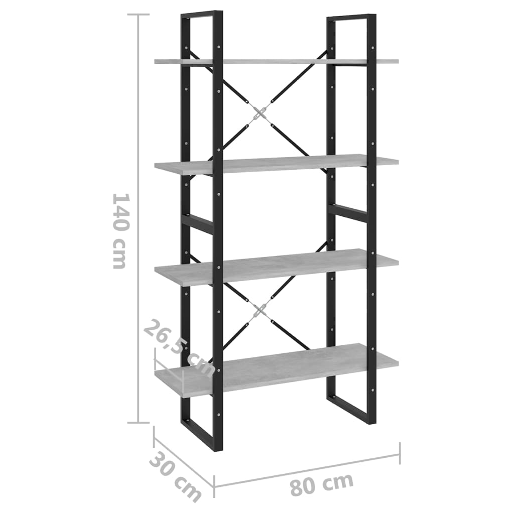 4-Tier Book Cabinet Concrete Grey 80x30x140 cm Engineered Wood - Newstart Furniture