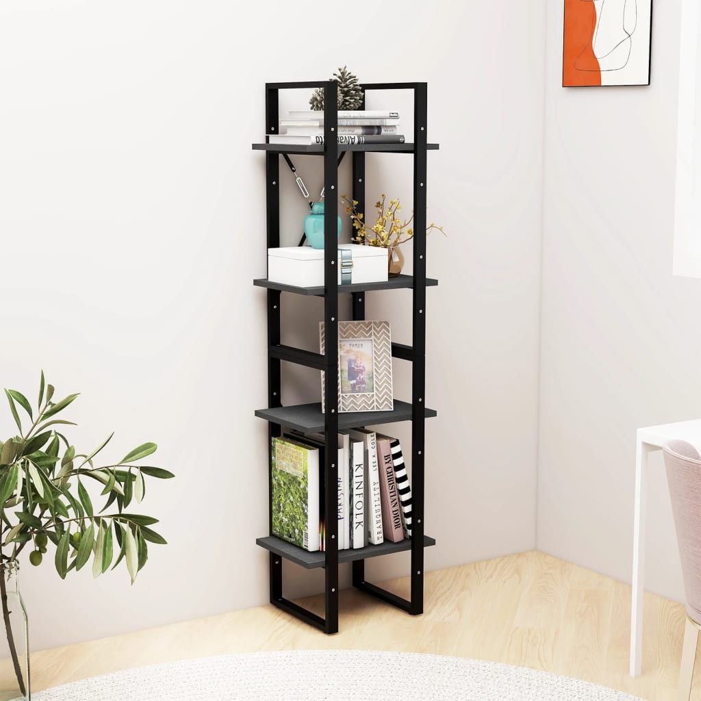 4-Tier Book Cabinet Grey 40x30x140 cm Solid Pine Wood - Newstart Furniture