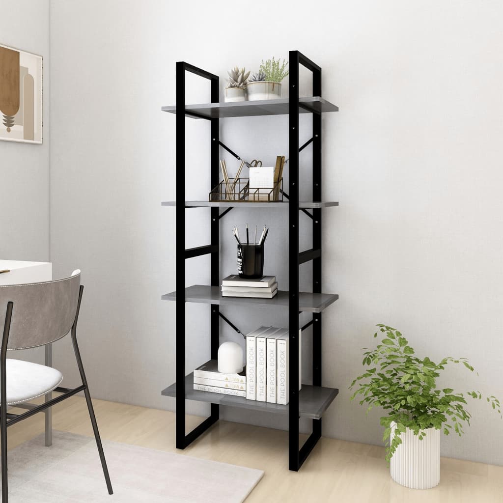 4-Tier Book Cabinet Grey 60x30x140 cm Solid Pine Wood - Newstart Furniture