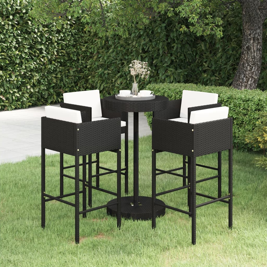 5 Piece Garden Bar Set with Cushions Poly Rattan Black - Newstart Furniture