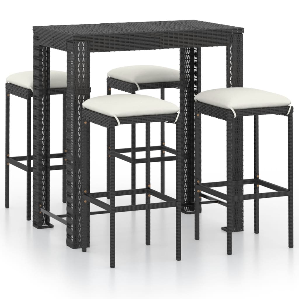 5 Piece Garden Bar Set with Cushions Poly Rattan Black - Newstart Furniture