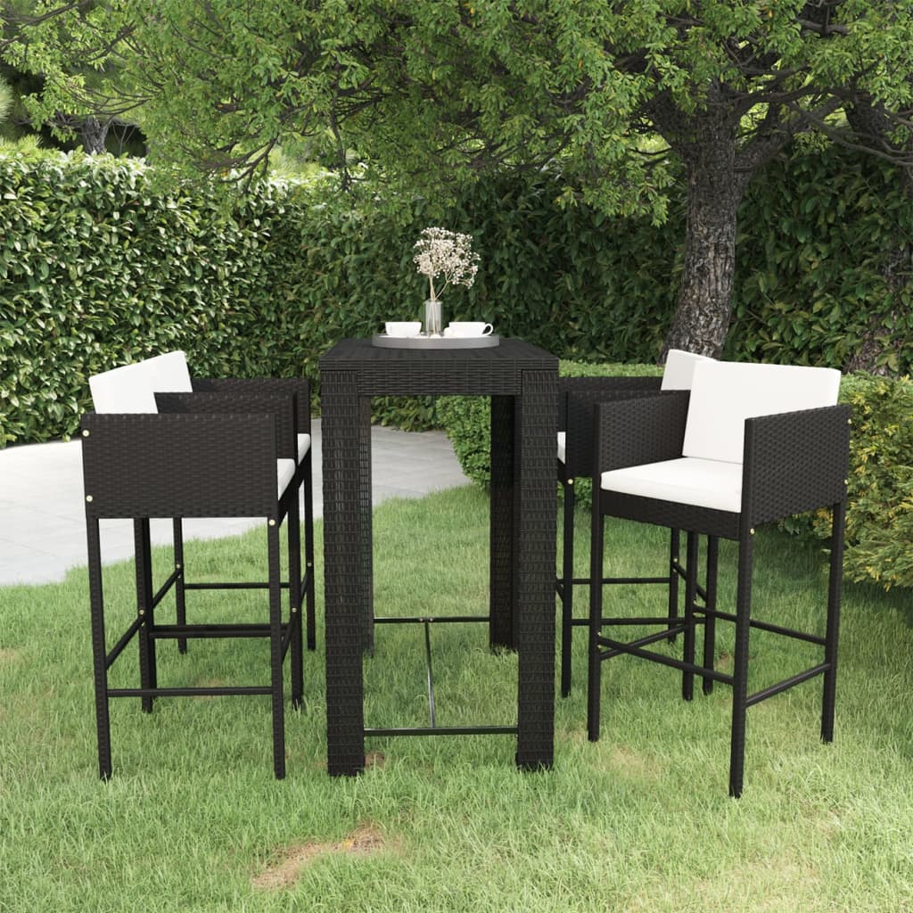 5 Piece Garden Bar Set with Cushions Poly Rattan Black - Newstart Furniture