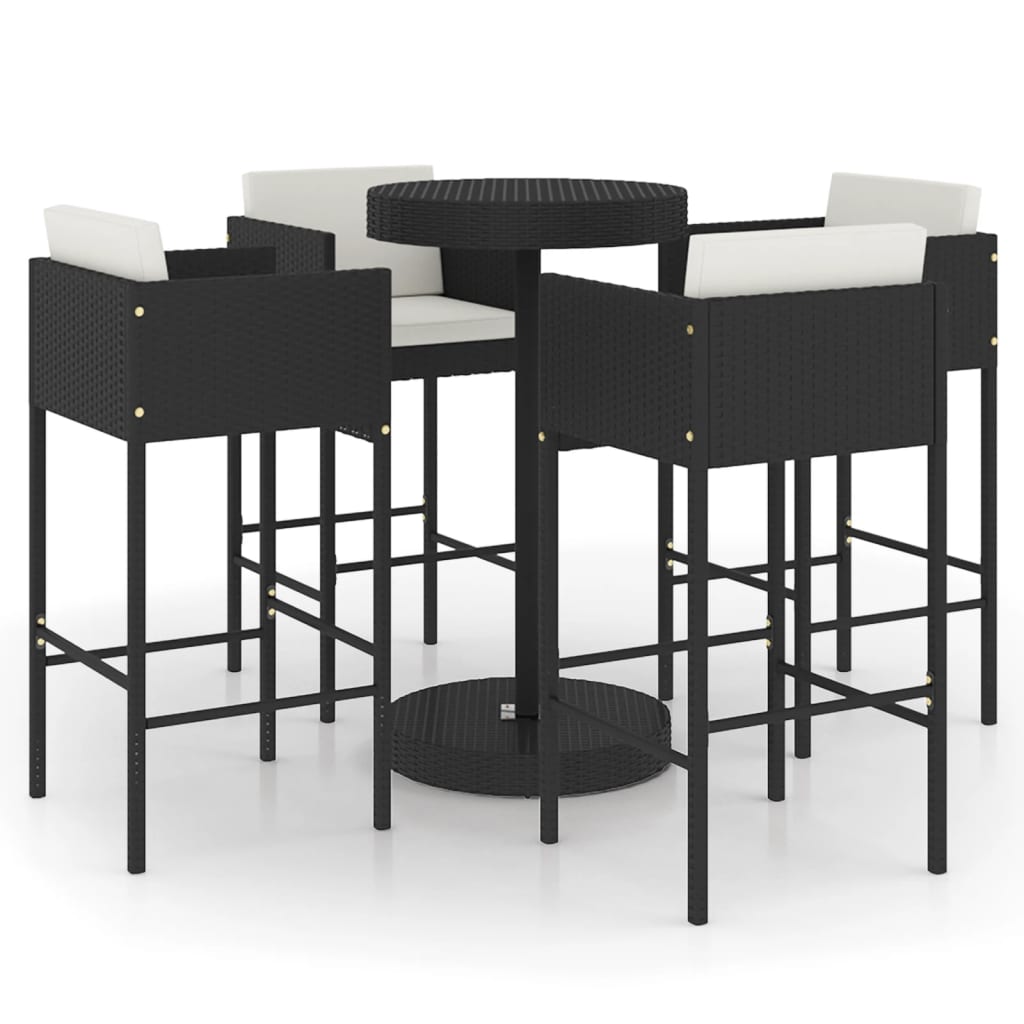 5 Piece Garden Bar Set with Cushions Poly Rattan Black - Newstart Furniture