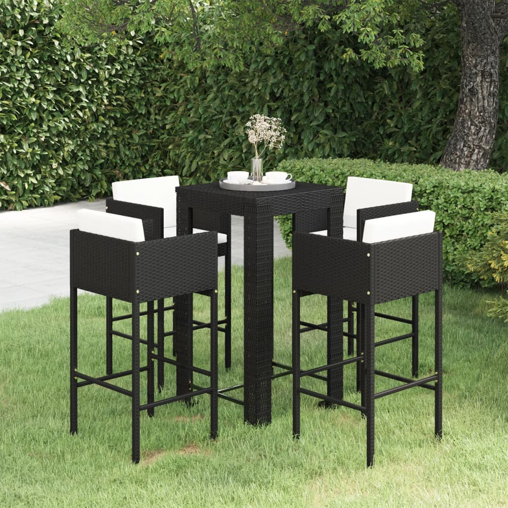 5 Piece Garden Bar Set with Cushions Poly Rattan Black - Newstart Furniture