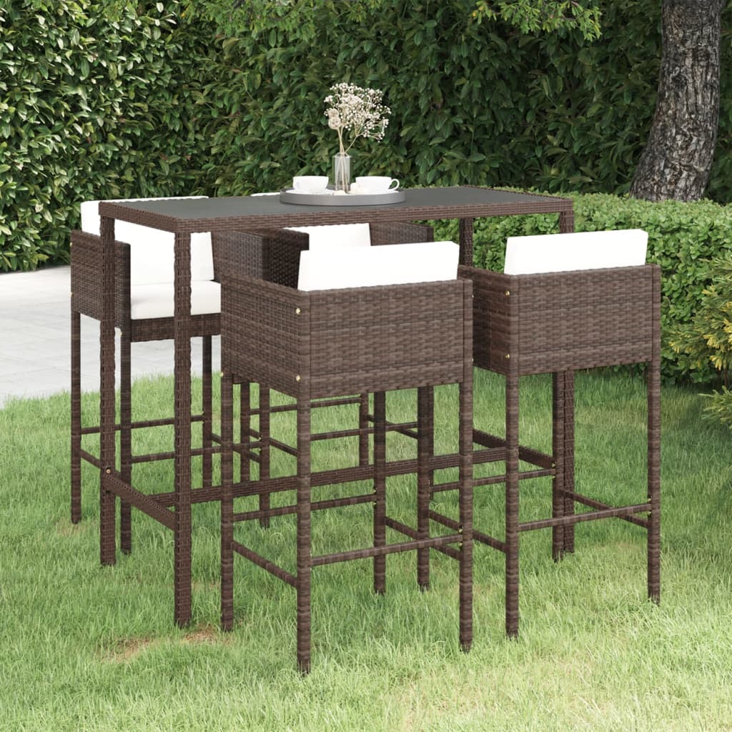 5 Piece Garden Bar Set with Cushions Poly Rattan Brown - Newstart Furniture