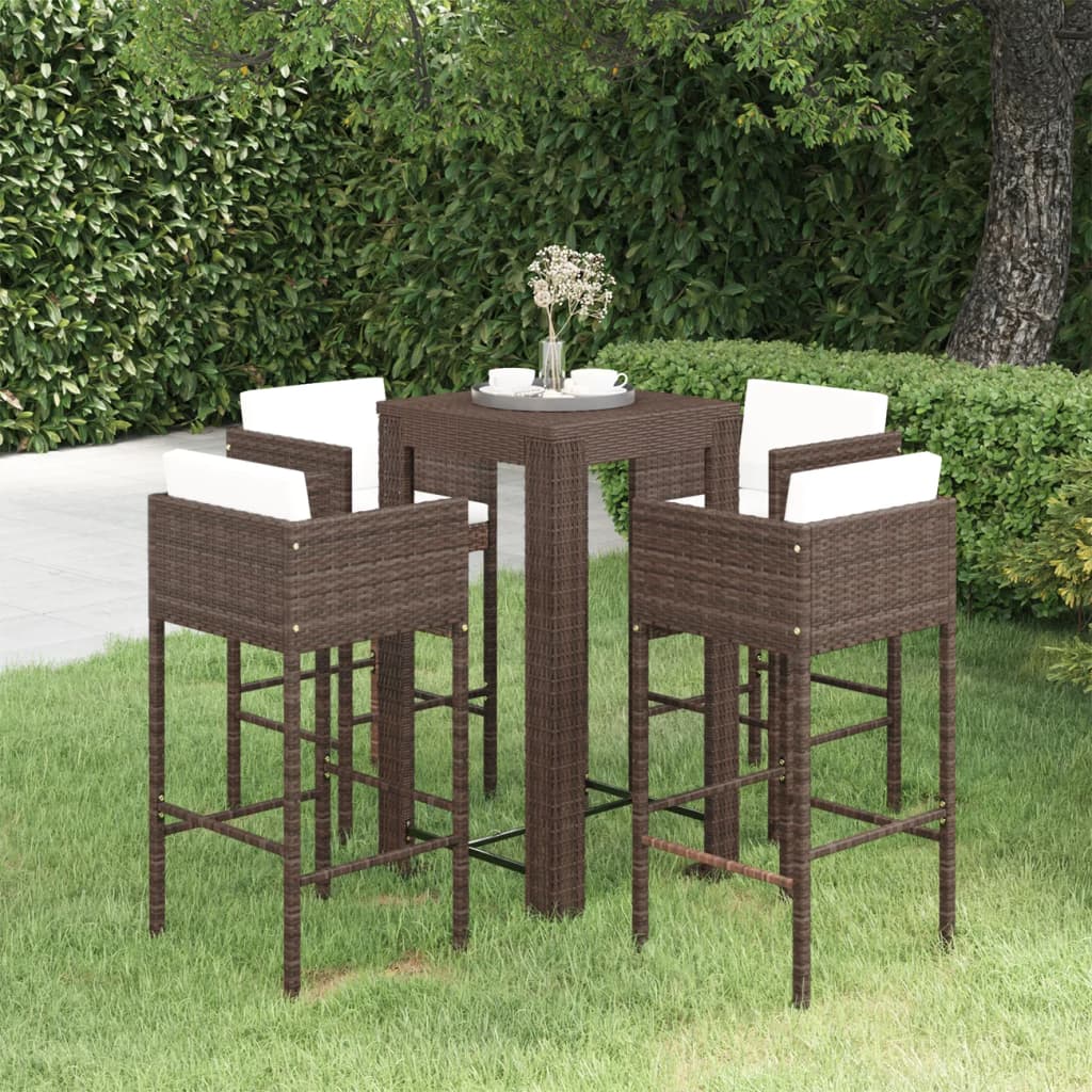 5 Piece Garden Bar Set with Cushions Poly Rattan Brown - Newstart Furniture