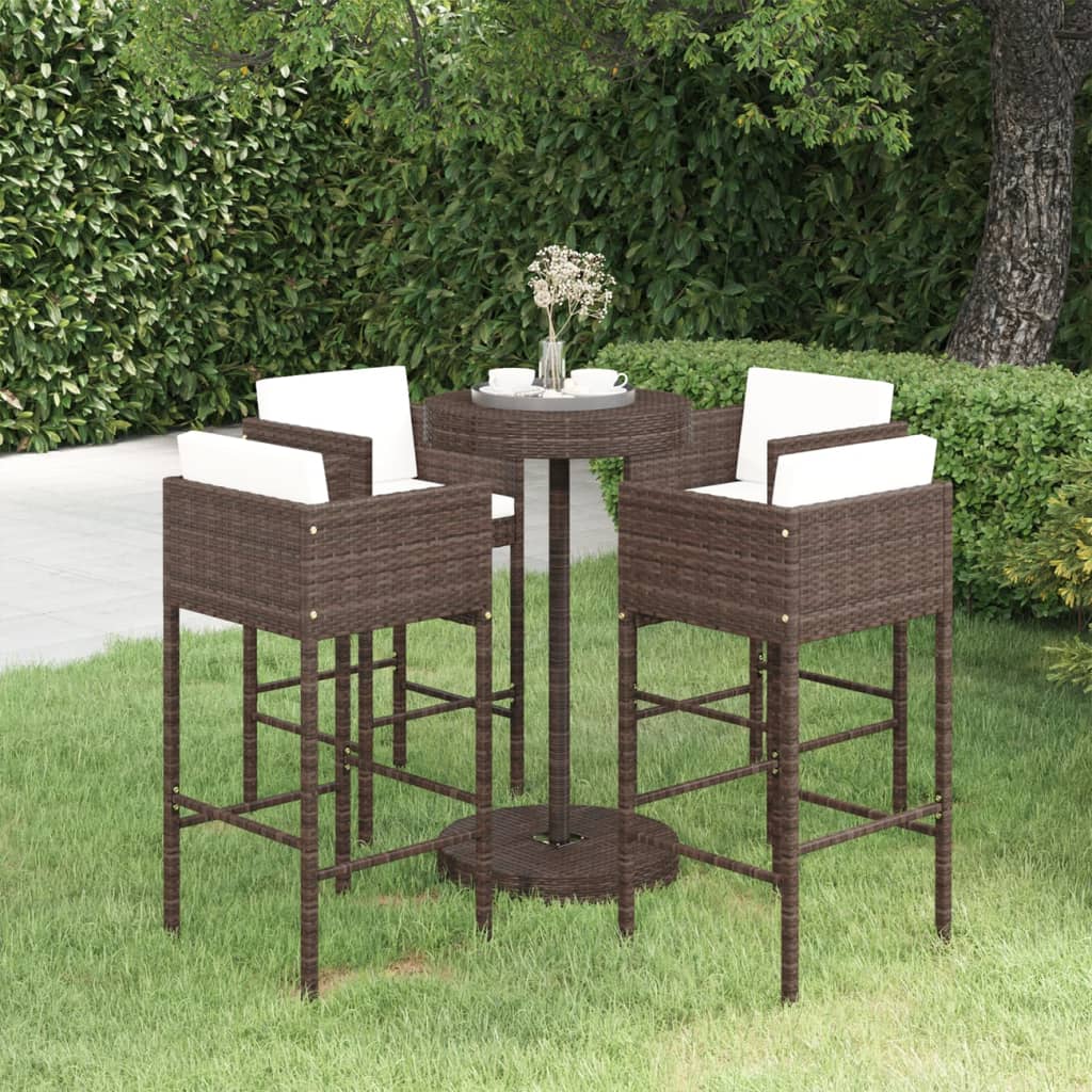 5 Piece Garden Bar Set with Cushions Poly Rattan Brown - Newstart Furniture