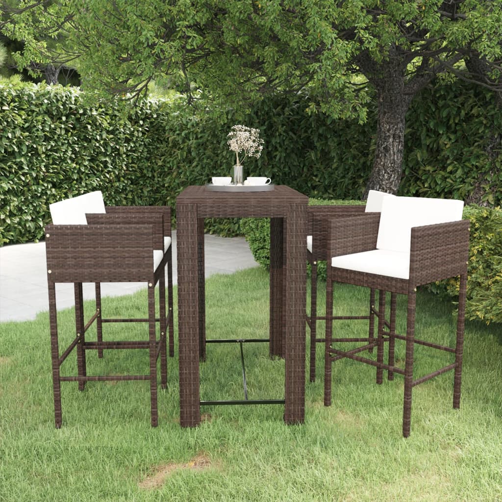 5 Piece Garden Bar Set with Cushions Poly Rattan Brown - Newstart Furniture