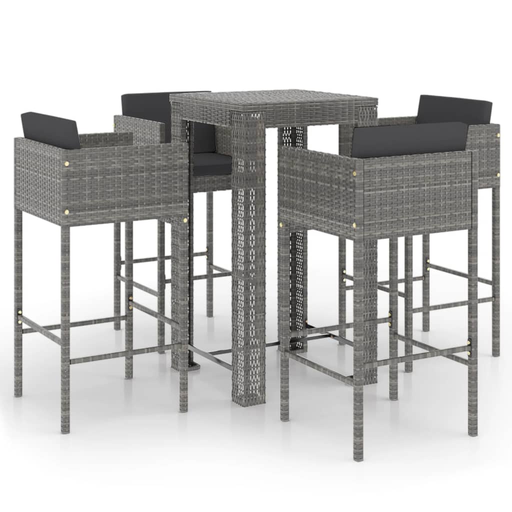 5 Piece Garden Bar Set with Cushions Poly Rattan Grey - Newstart Furniture